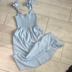 Light Blue Smocked Midi Dress with Bow Straps
